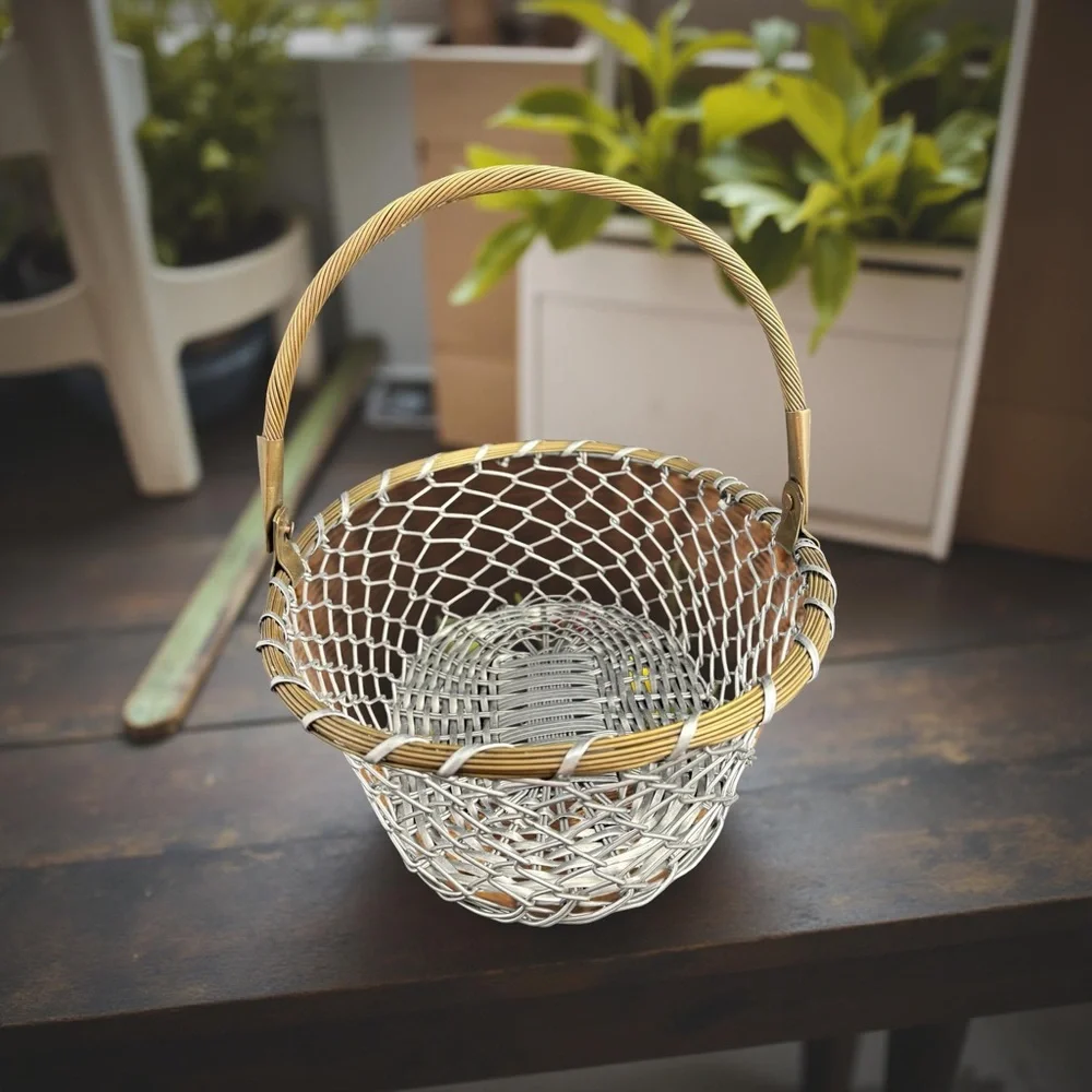 Vintage Mid-Century Silver & Gold Wire Basket with Hinged Handle